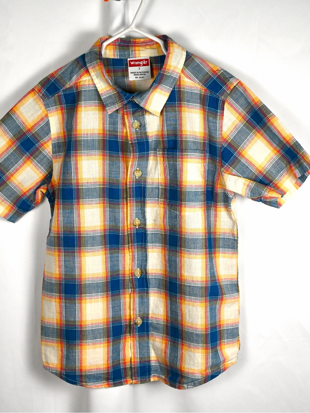 Wrangler Short Sleeve Plaid Shirt - Blue, Yellow & White